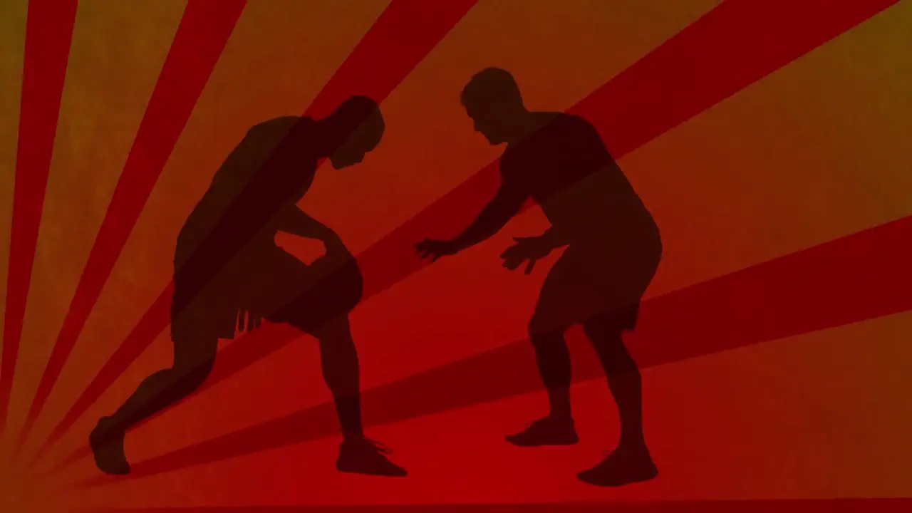 Animation of basketball players silhouettes over shapes on orange background