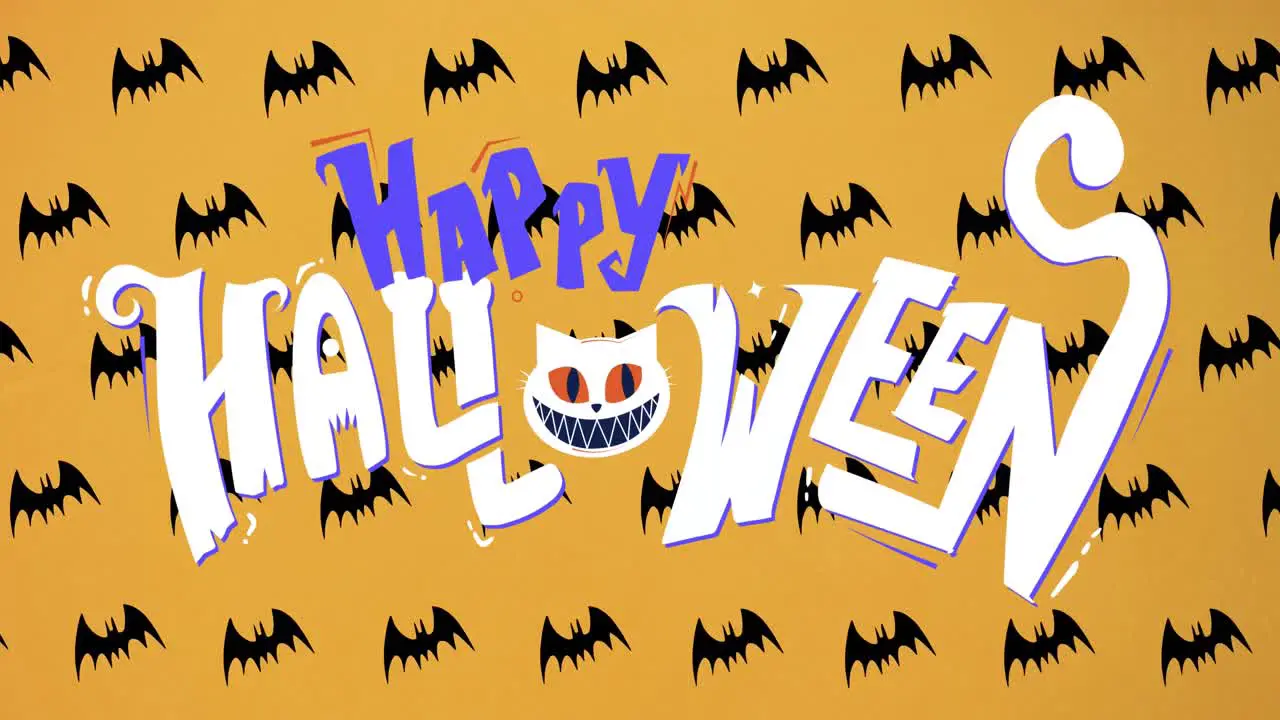 Animation of happy halloween text over black bats on orange background