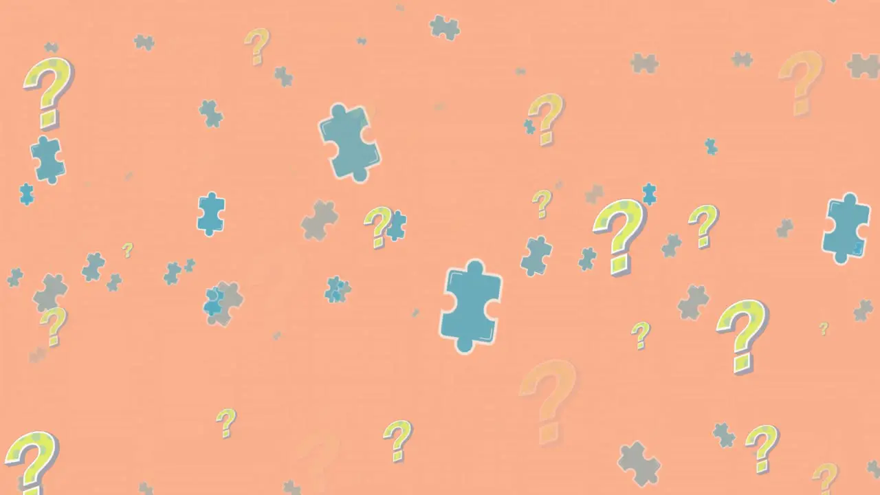 Animation of puzzles and question marks floating over orange background