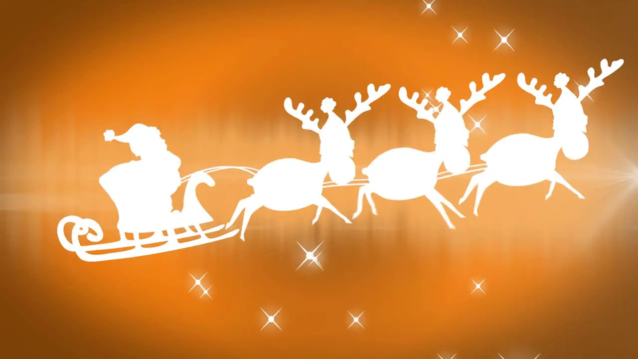 Animation of santa sleigh over stars on orange background