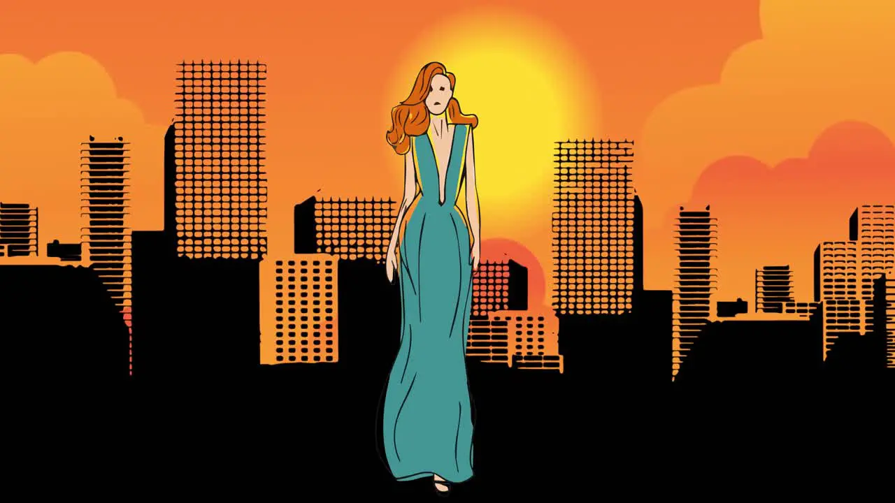 Animation of fashion drawing of model over cistyscape on orange background