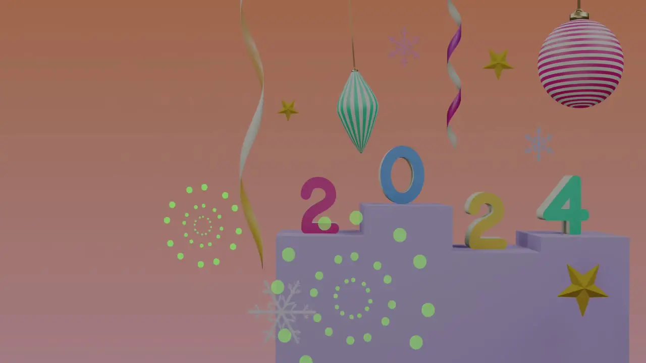 Animation of fireworks over 2024 text and decorations on orange background