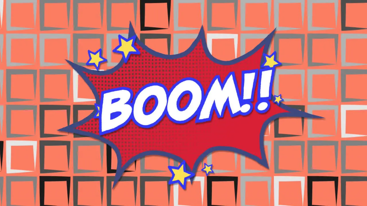 Animation of boom text on retro speech bubble over rows of squares on orange background