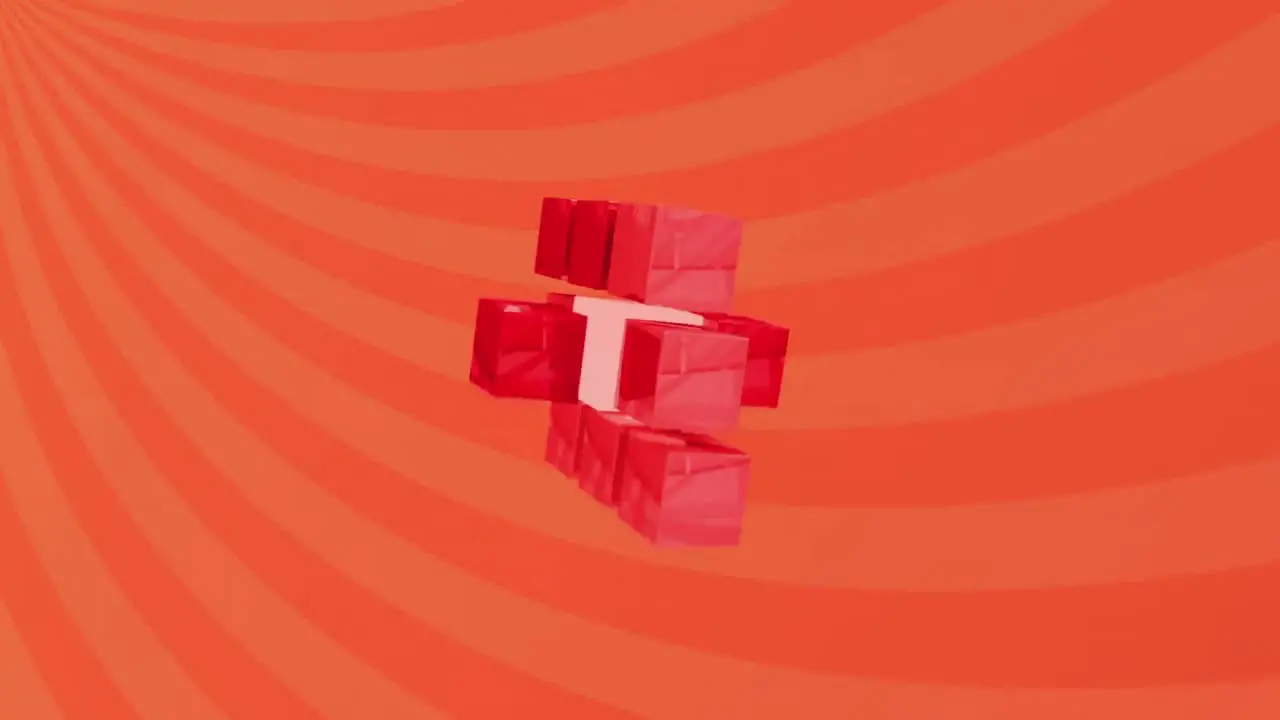 Animation of 3d abstract cube shape against radial rays in seamless pattern on orange background