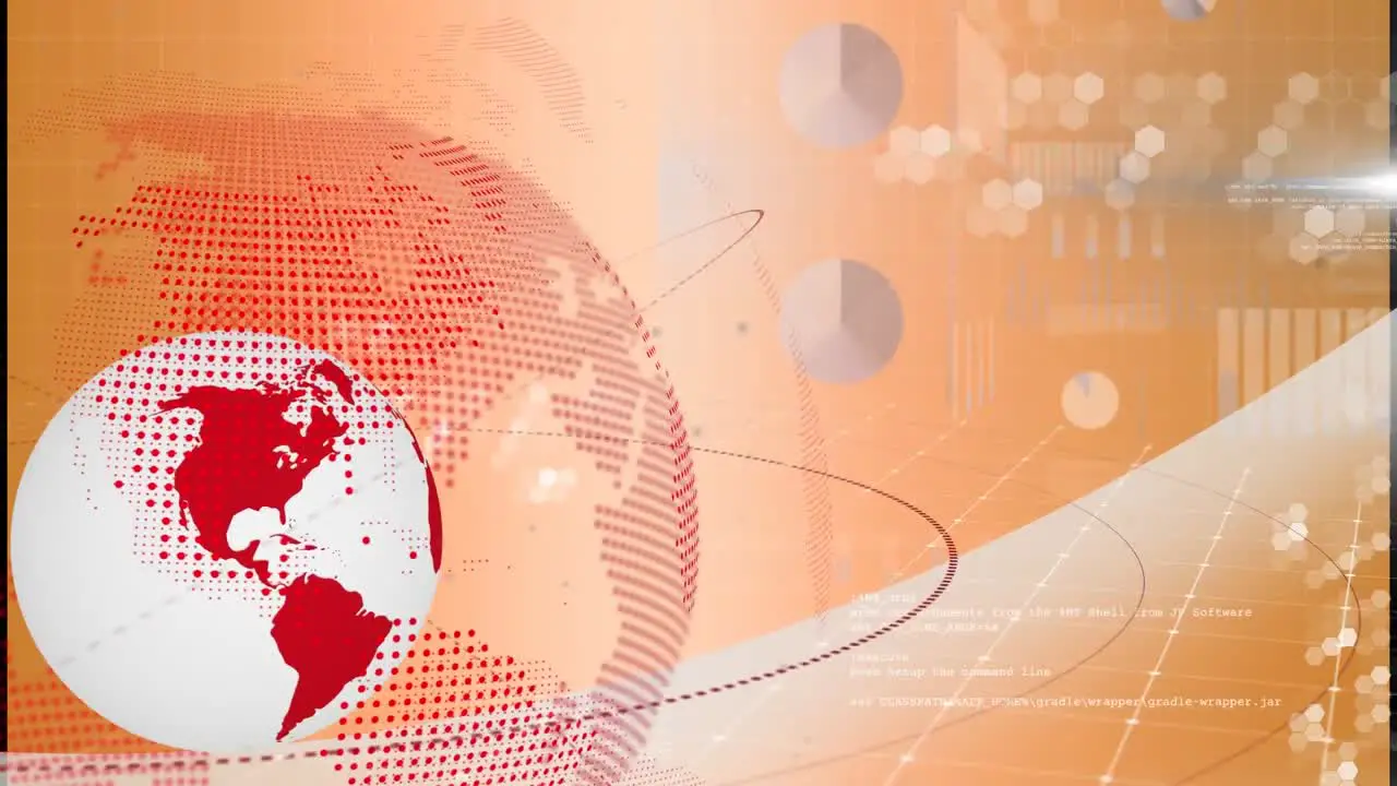 Animation of spinning globe and data processing over grid network against orange background