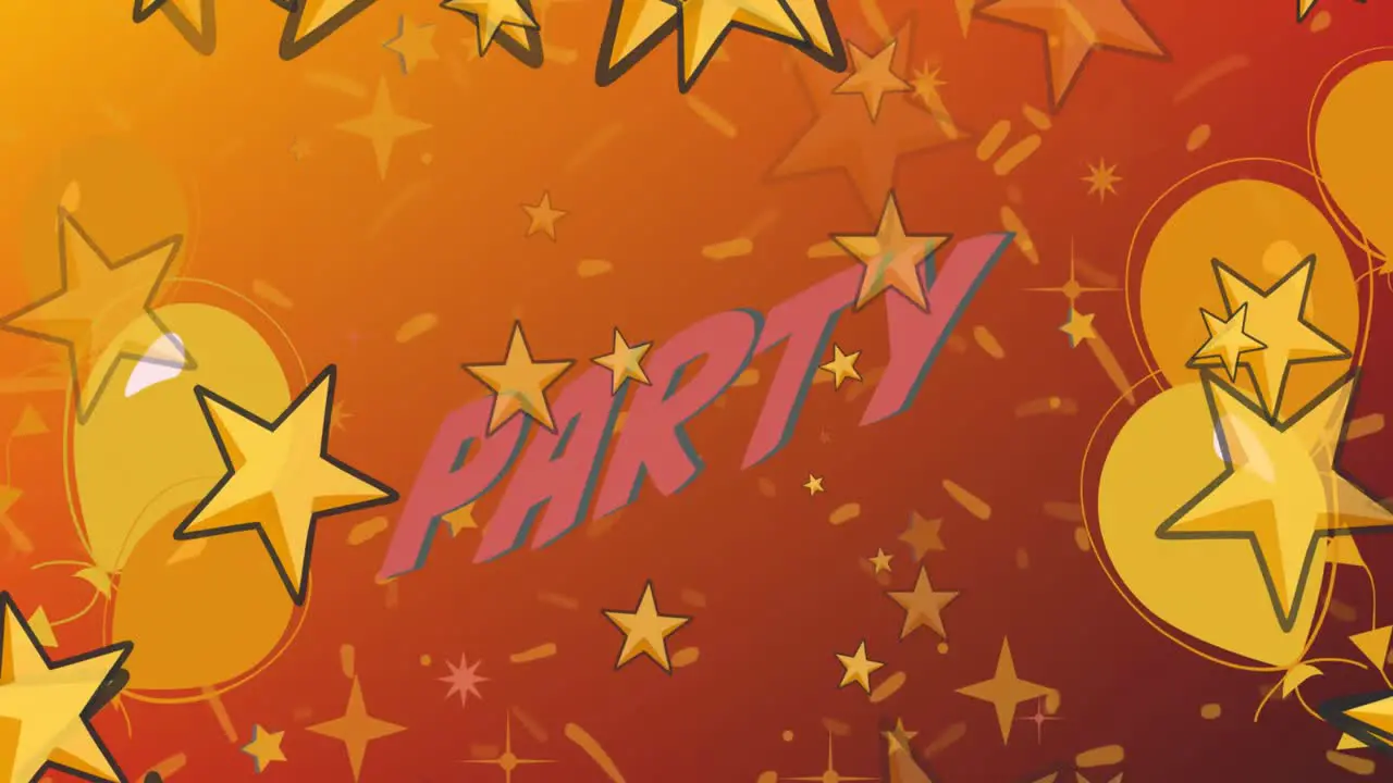 Animation of party text in pink with yellow stars and balloons on orange background