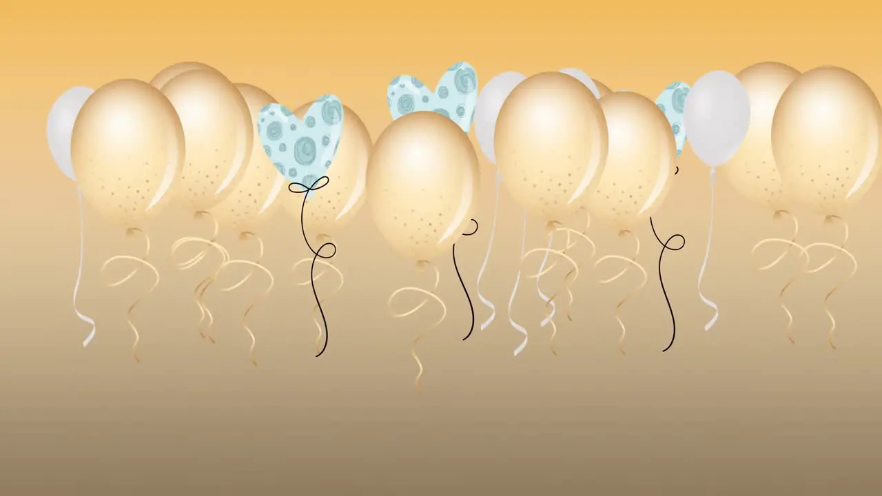 Animation of gold and heart balloons bouncing on orange background