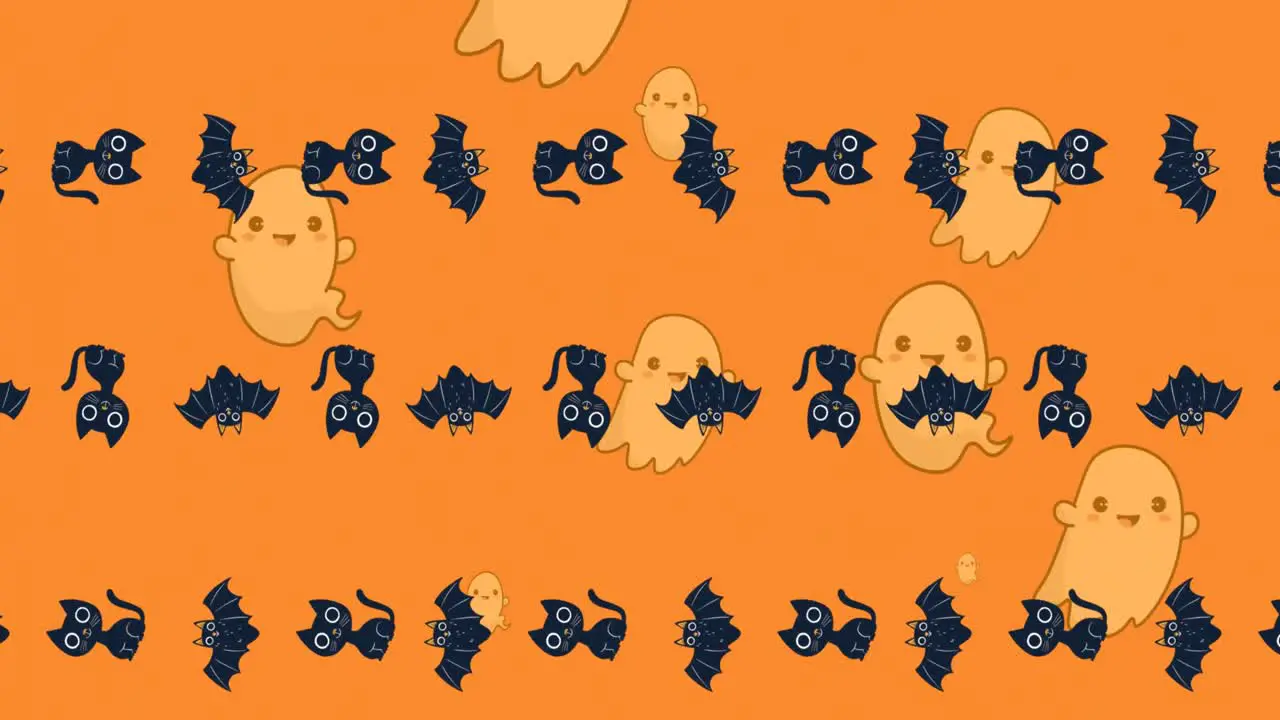 Animation of halloween ghost cat and cat pattern on orange background