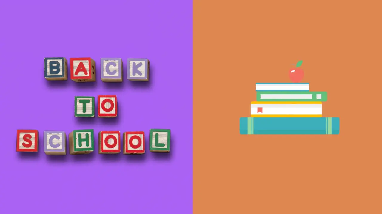 Back to school on blocks and stack of books against purple and orange background