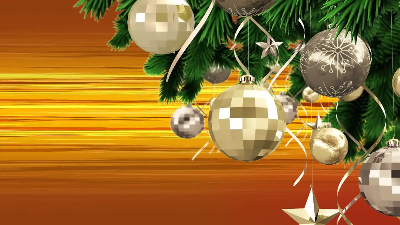 Animation of christmas decoration over moving lines on orange background