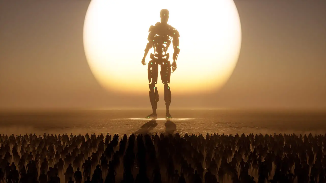 A huge Artificial Intelligence cyborg standing in front of a large sun with crowd of people looking at it 3D animation camera zoom out slowly