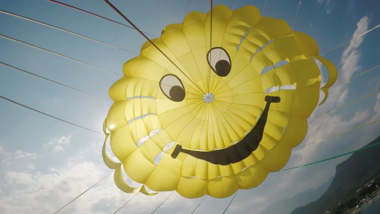 A Cool Yellow Dome Of The Parachute Against The Blue Sky And The Sun Poking Through It