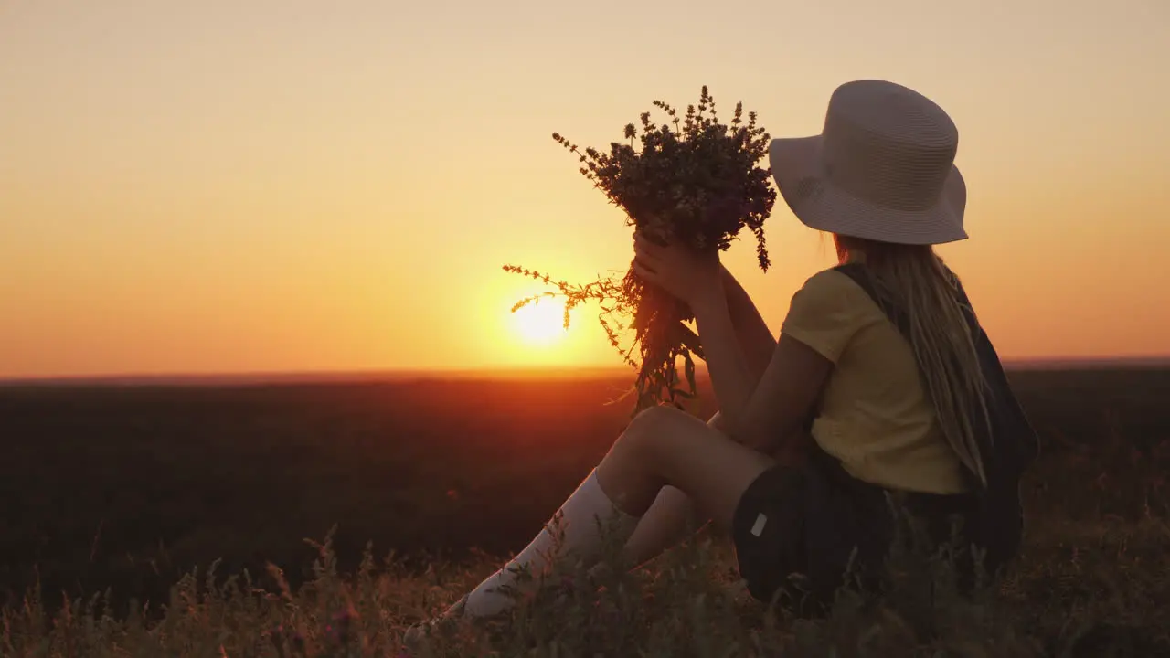 A Girl In A Hat Admires The Sunset In A Picturesque Place She Sits On A Hill Her Chin On Her Hands B