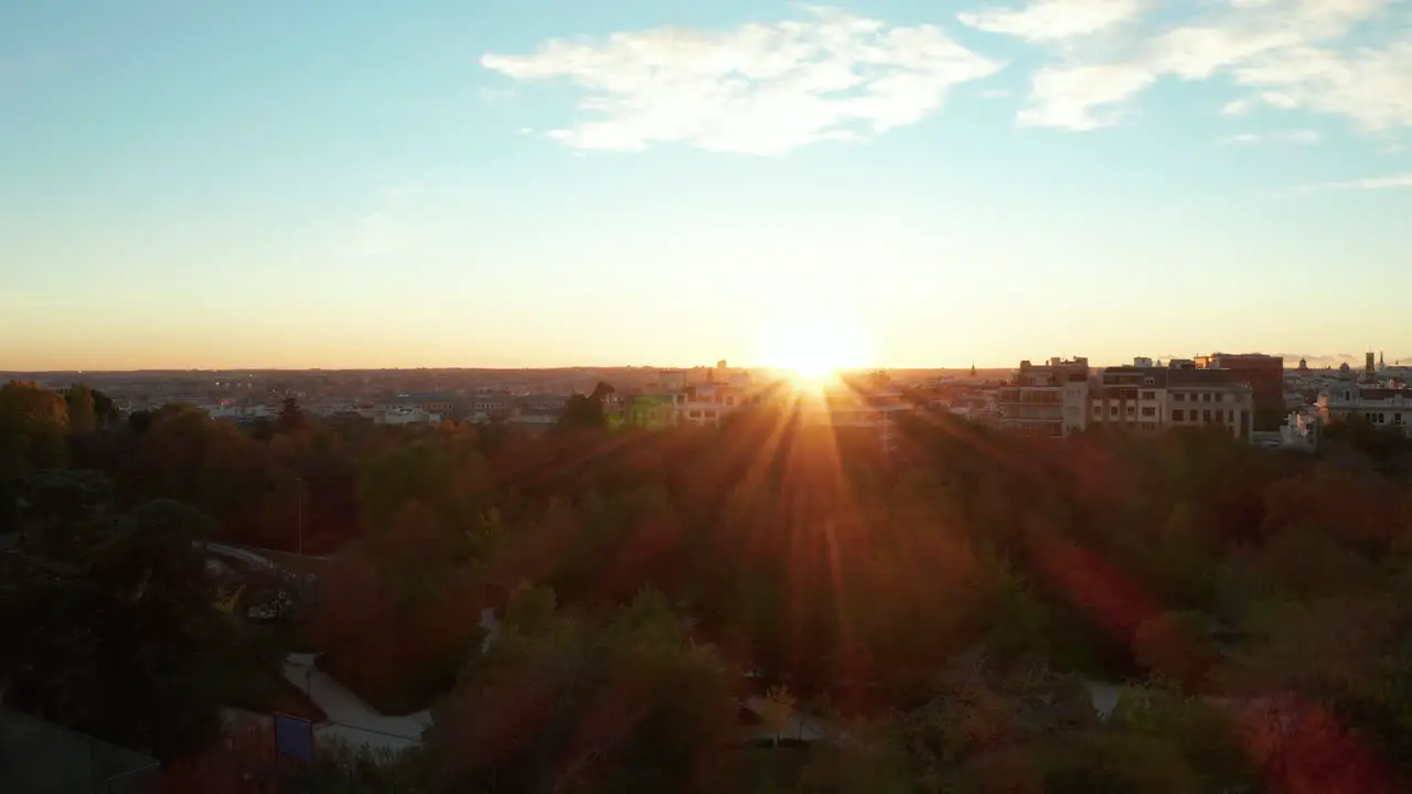 Rising footage of housing estate against setting sun Rays of bright sun making lines Fly above trees in public park