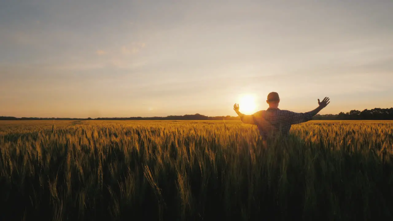 A Male Farmer Raises His Hands Up The Rising Sun Over A Wheat Field