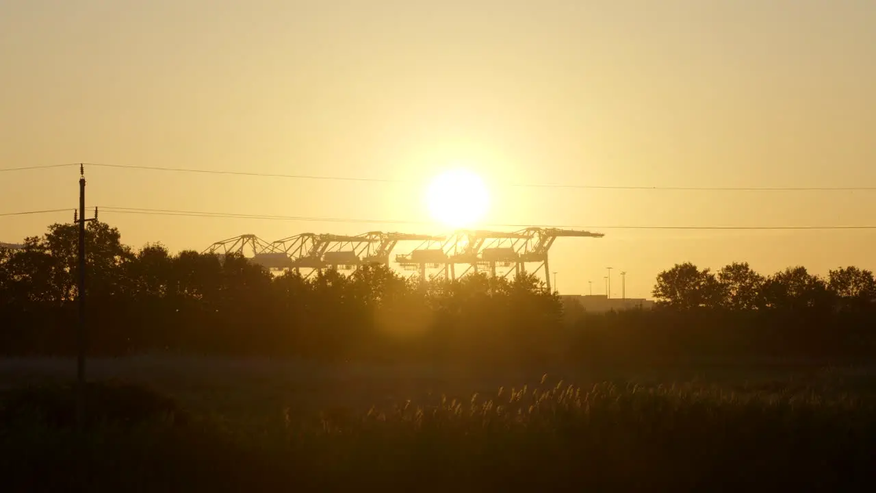 Sunrise shining over industrial shipyard port cranes and trees on the horizon