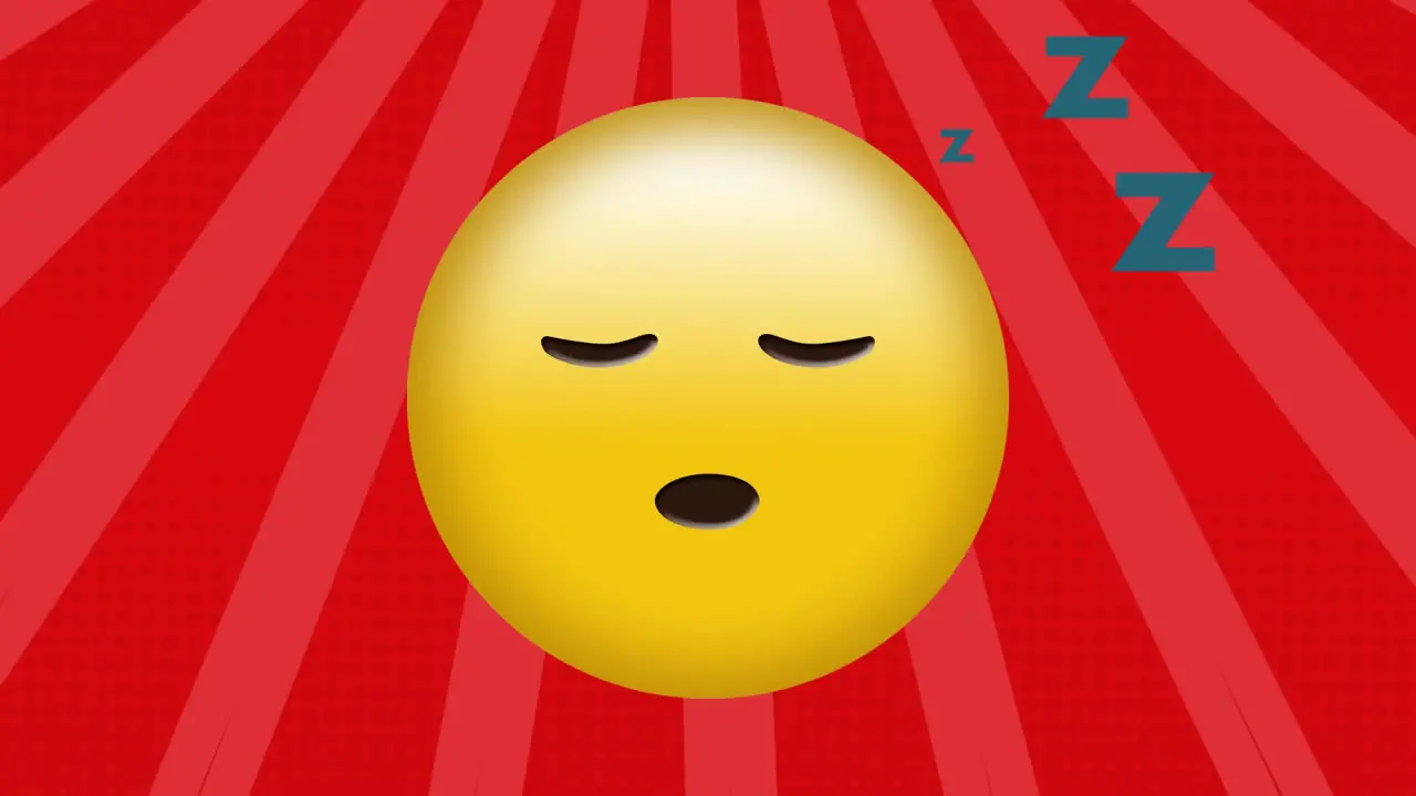 Animation of sleepy face emoji over radial rays in seamless pattern against orange background