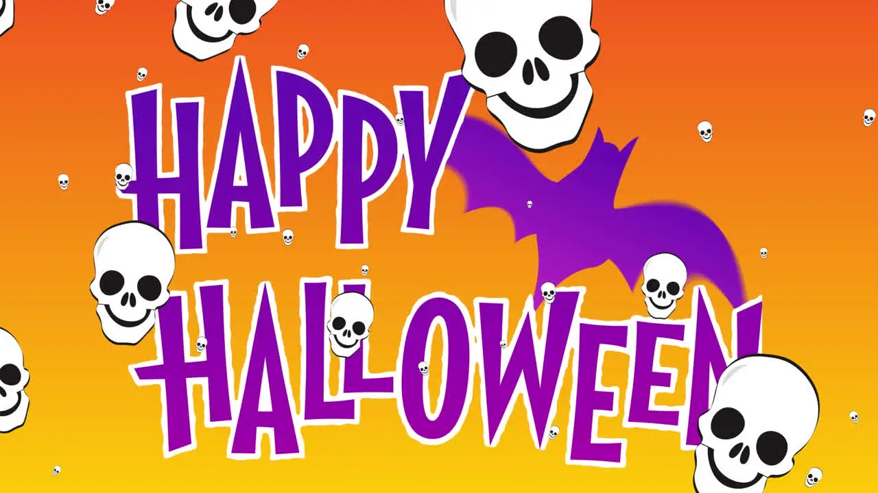 Animation of halloween greetings and skulls moving over orange background with trees