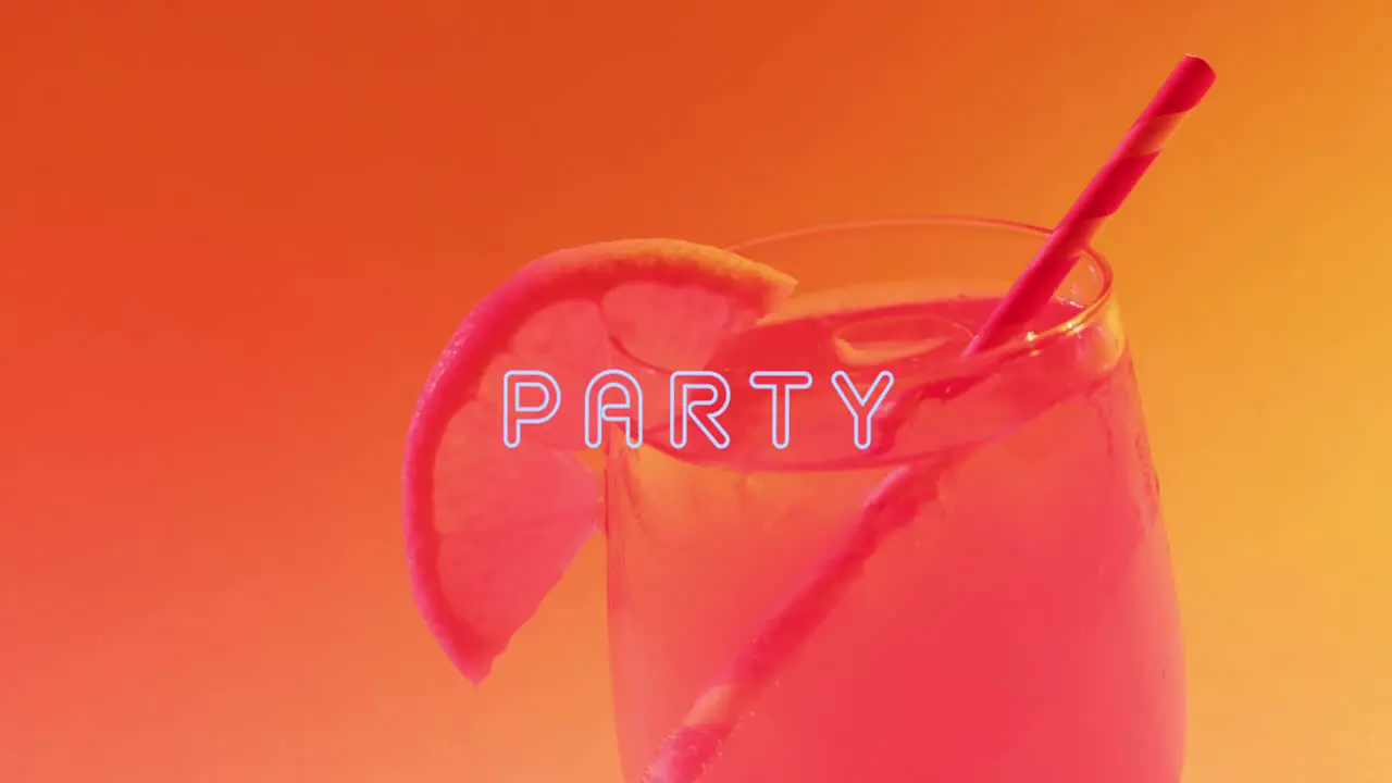 Animation of party neon text and cocktail on orange background