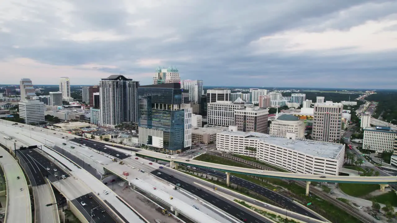 Cinematic aerial footage of Downtown Orlando and the I-4 from the South West