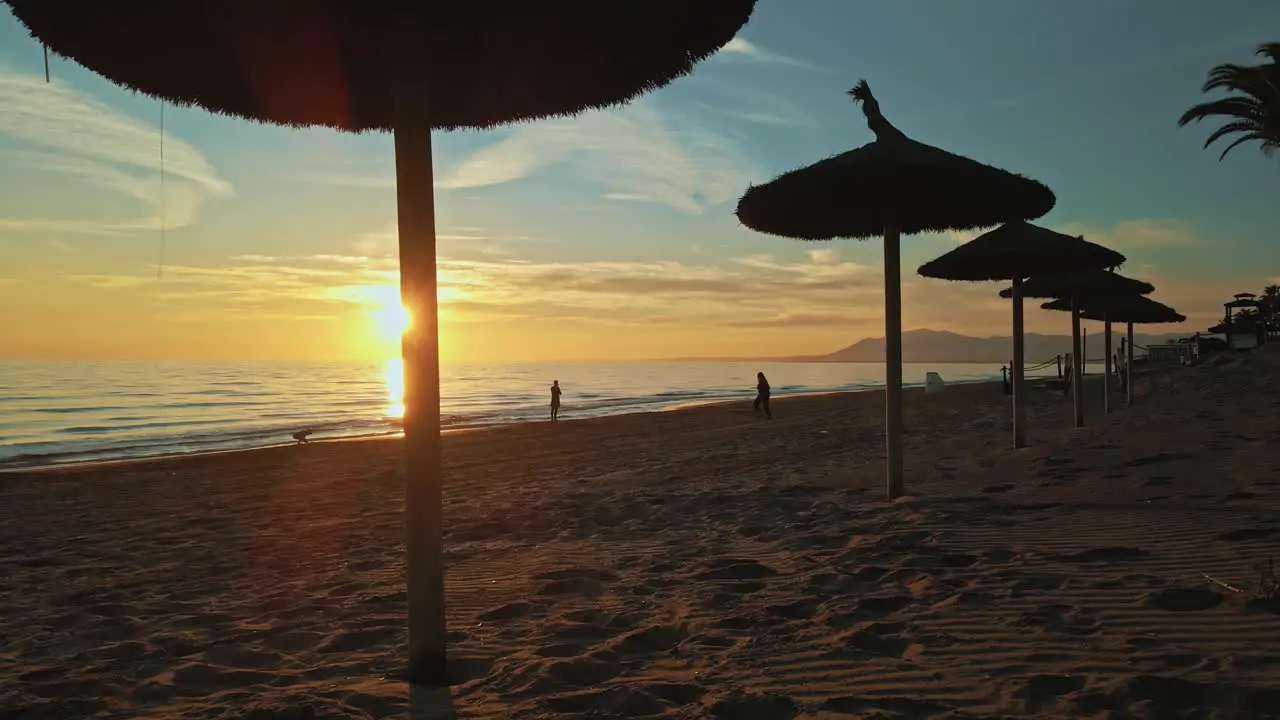 Sunset view at the beach behind resort parasols