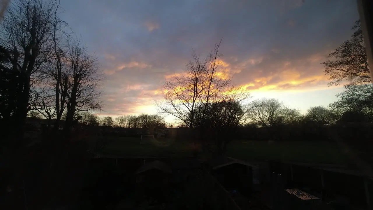 Fiery red sunset clouds passing silhouette autumn garden trees time lapse