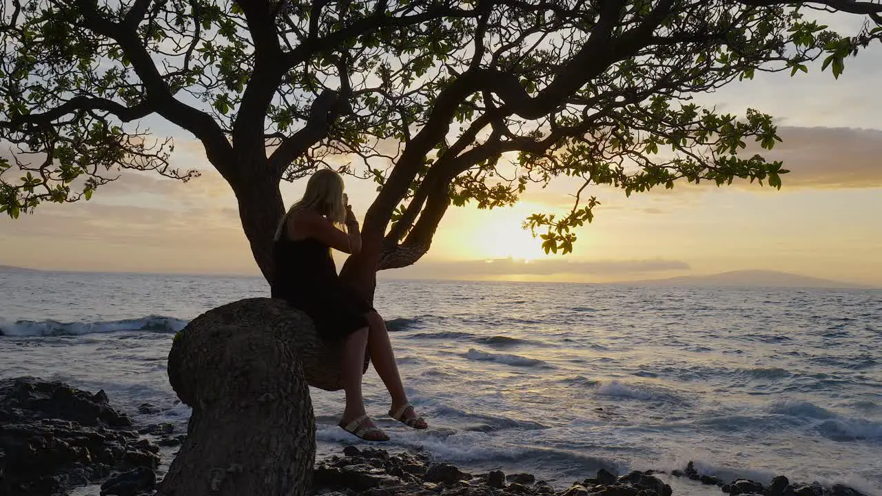 Teenage girl capturing the sunset from a bent tree in Maui Hawaii