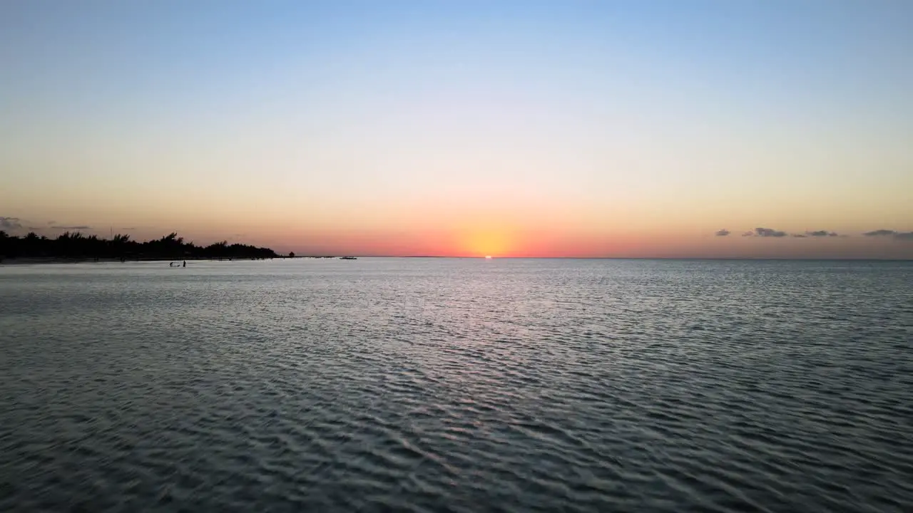 Wide angle drone shot going fast just above the turquoise blue water off the coast of Holbox island with birds flying past the frame during sunset located in Mexico shot in 4k