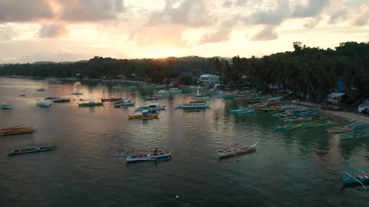 Aerial view of outrigger boats at General Luna Harbour on Siargao Island Philippines