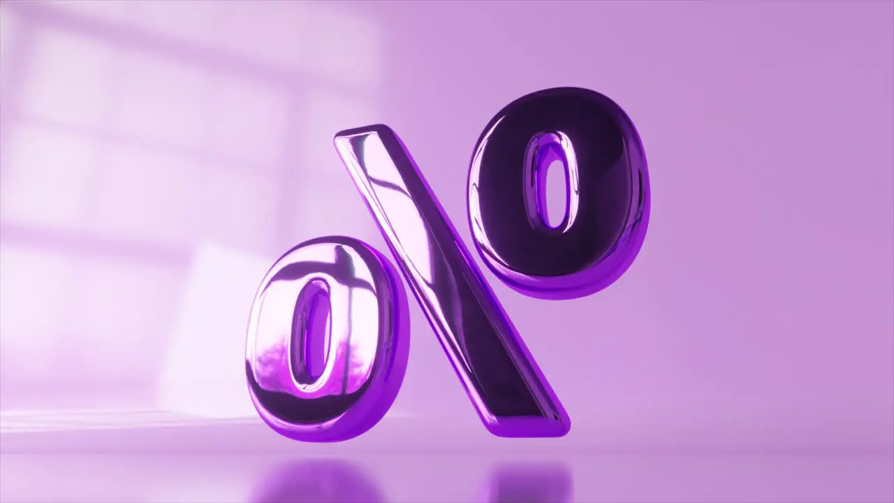 Gleaming purple percentage symbols in 3D animation featuring reflective surfaces and a minimalist lilac backdrop