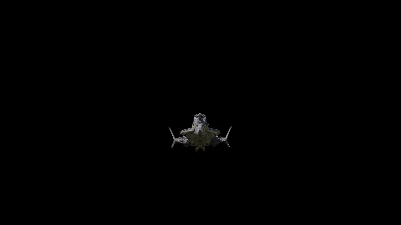 Giant spaceship flying straight to camera black background suitable for overlay with alpha channel matte blending option seamless integration into various sci-fi concepts and scenes