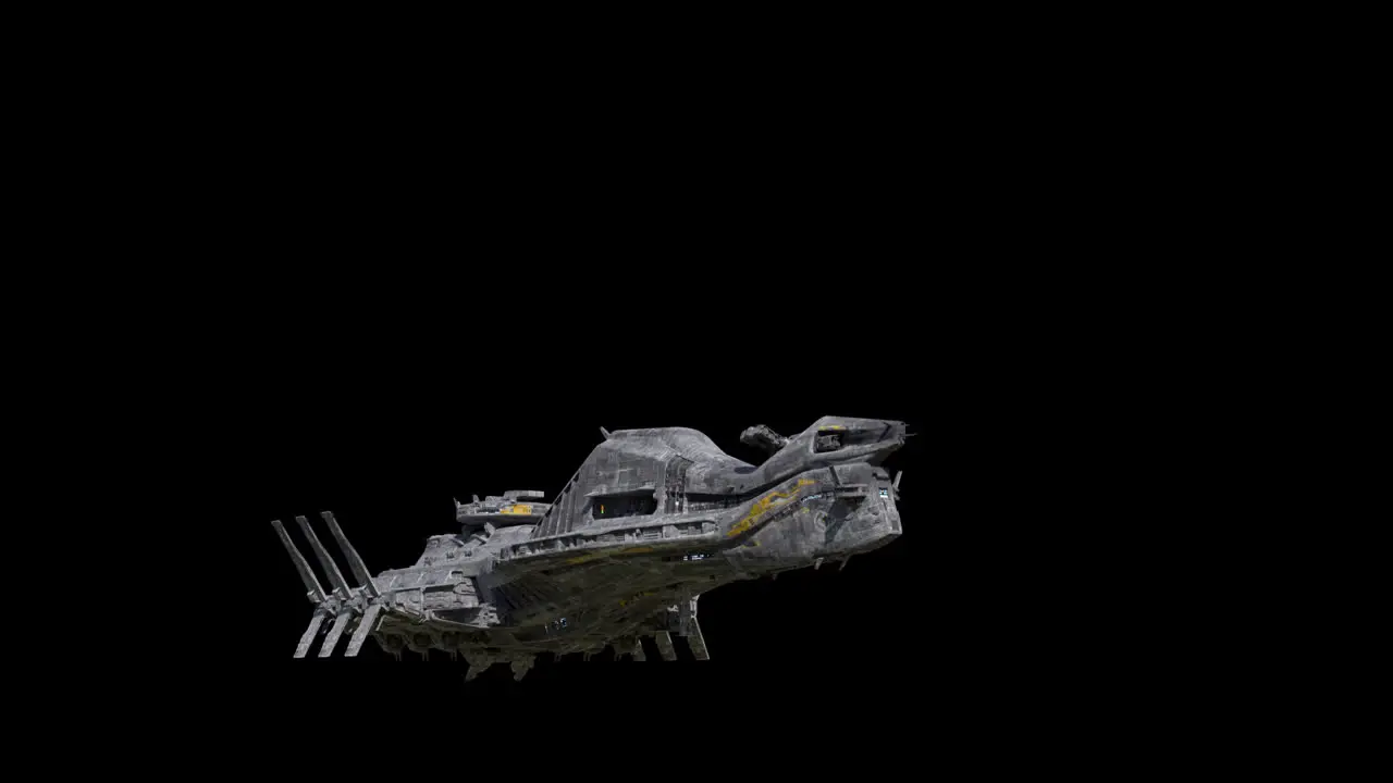 Giant spaceship landing front side left view black background suitable for overlay with alpha channel matte blending option seamless integration into various sci-fi concepts and scenes