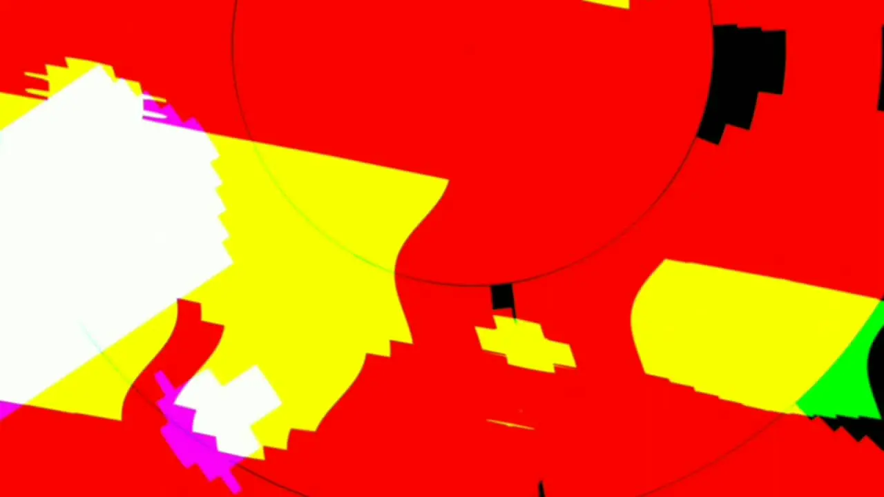 Computerized animation of colorful random haphazard designs and shapes moving on red background