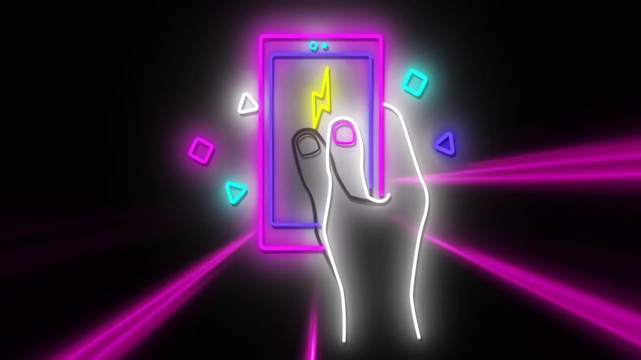 Animation of strobing coloured light beams over neon hand using handheld digital game on black