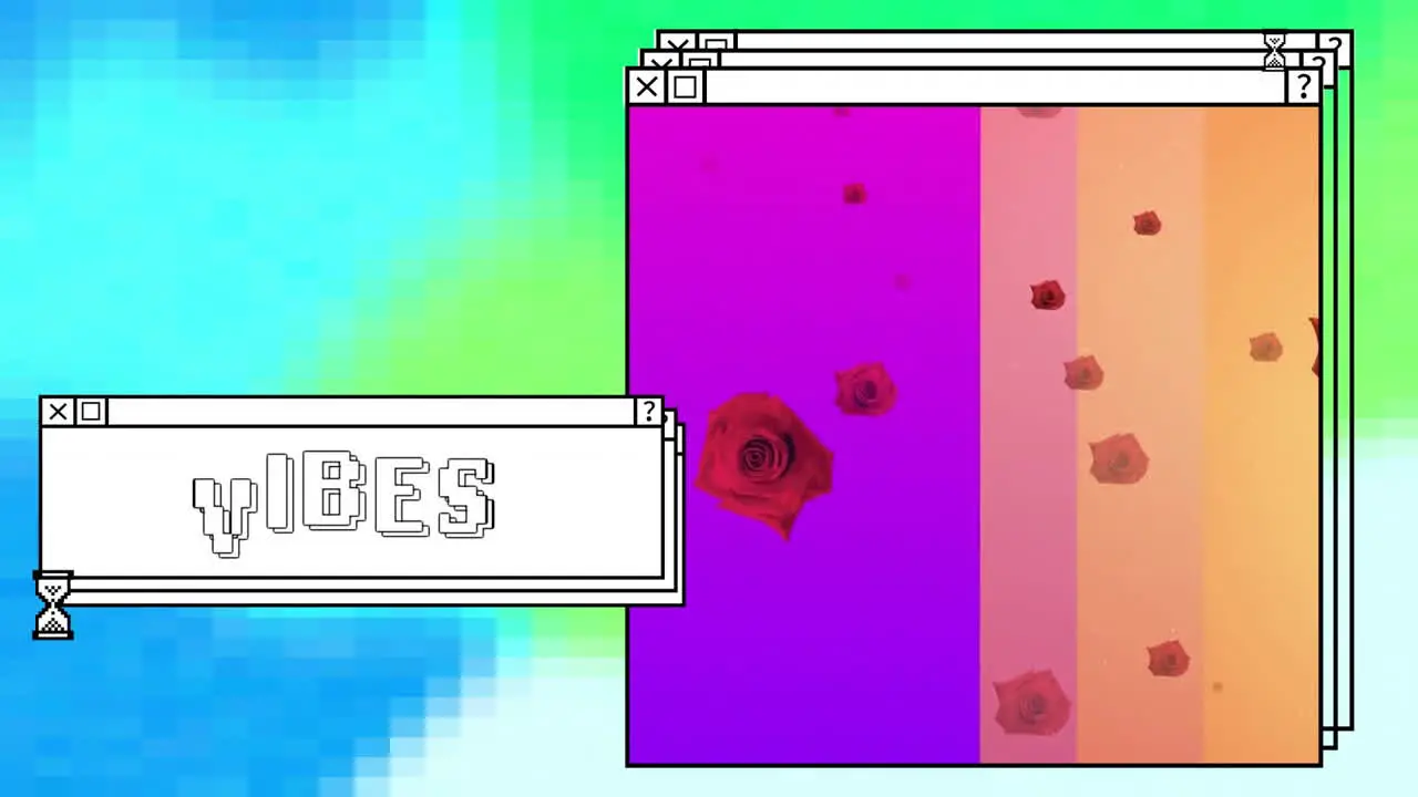 Animation of vibes text over computer screens and vibrant background