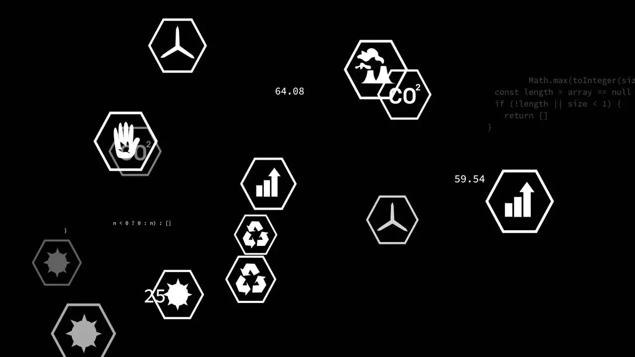 Animation of moving ecology icons and data processing on black background