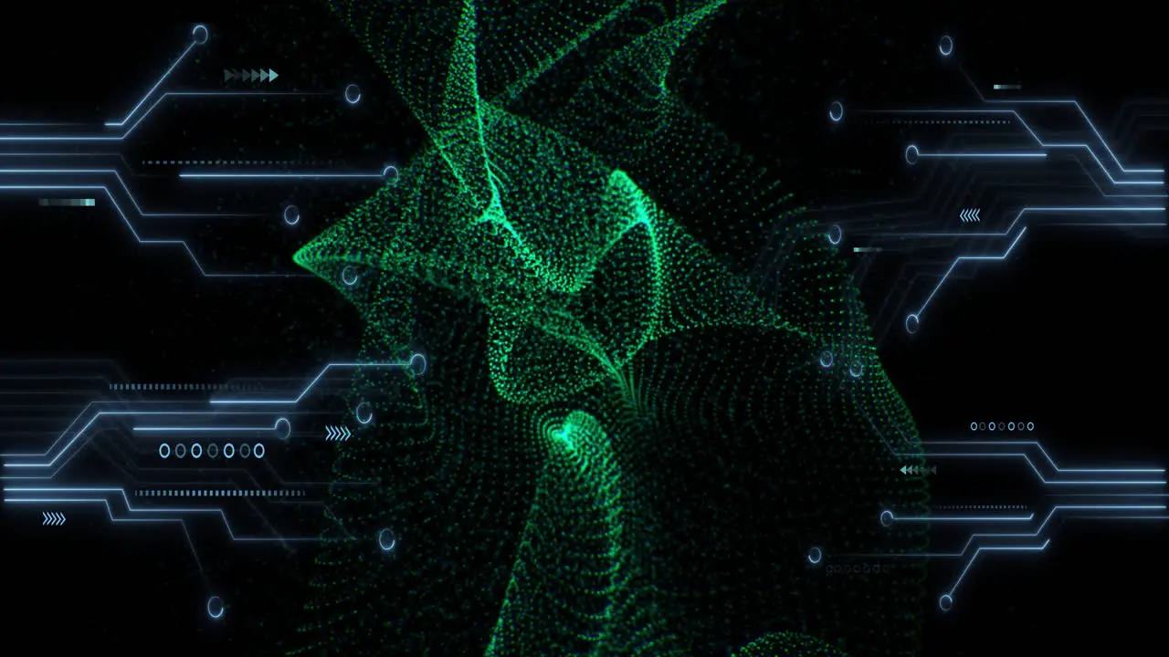 Animation of light trails circuit board and data processing over black background