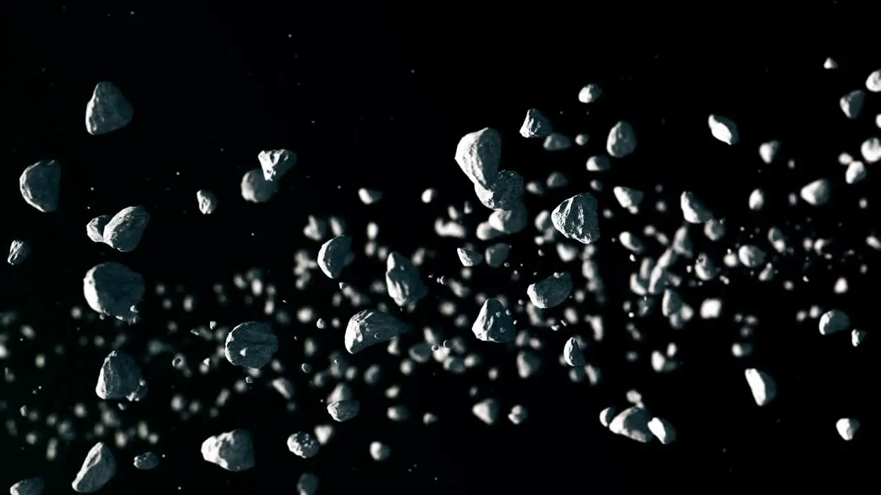 Animated stone and rock particles on dark background simulation of small rocks moving slowly under sunlight in asteroid belt cosmic derbies concept