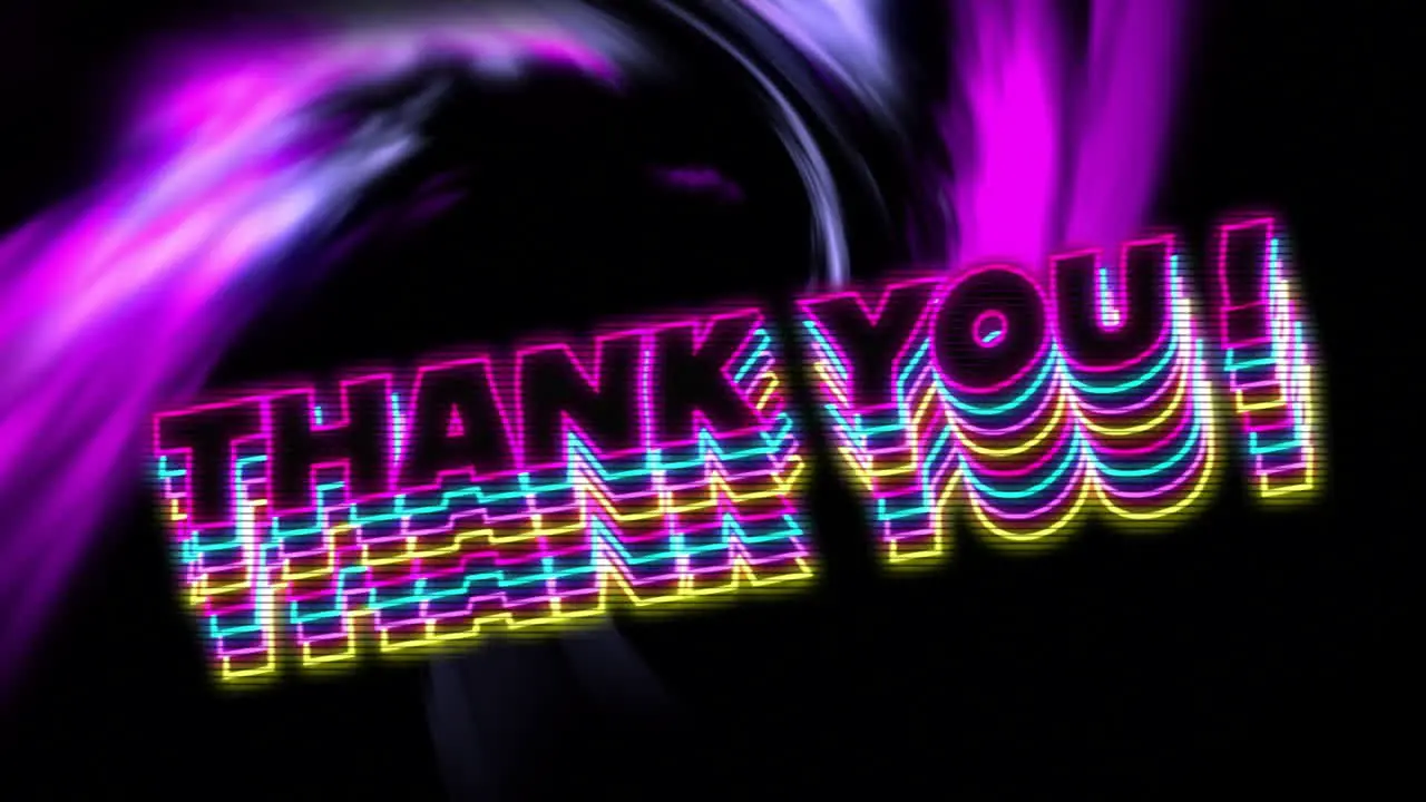 Animation of thank you text over glowing light trails background