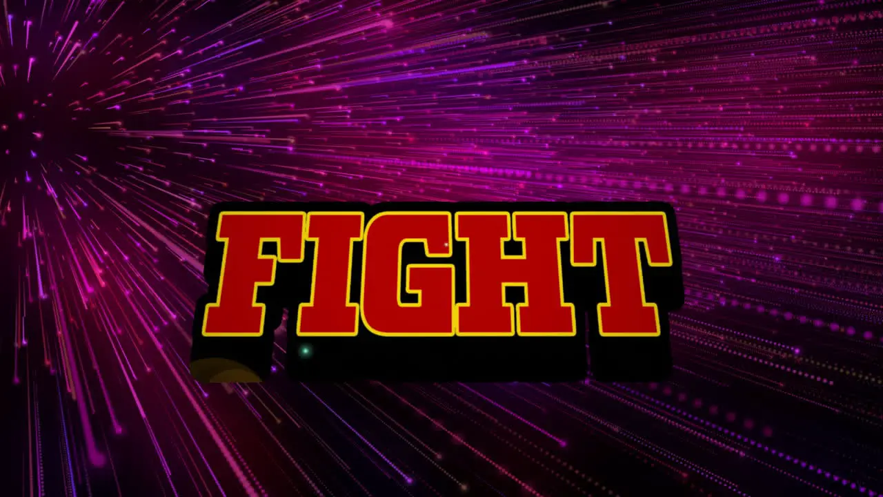 Animation of fight text over glowing pink light trails background