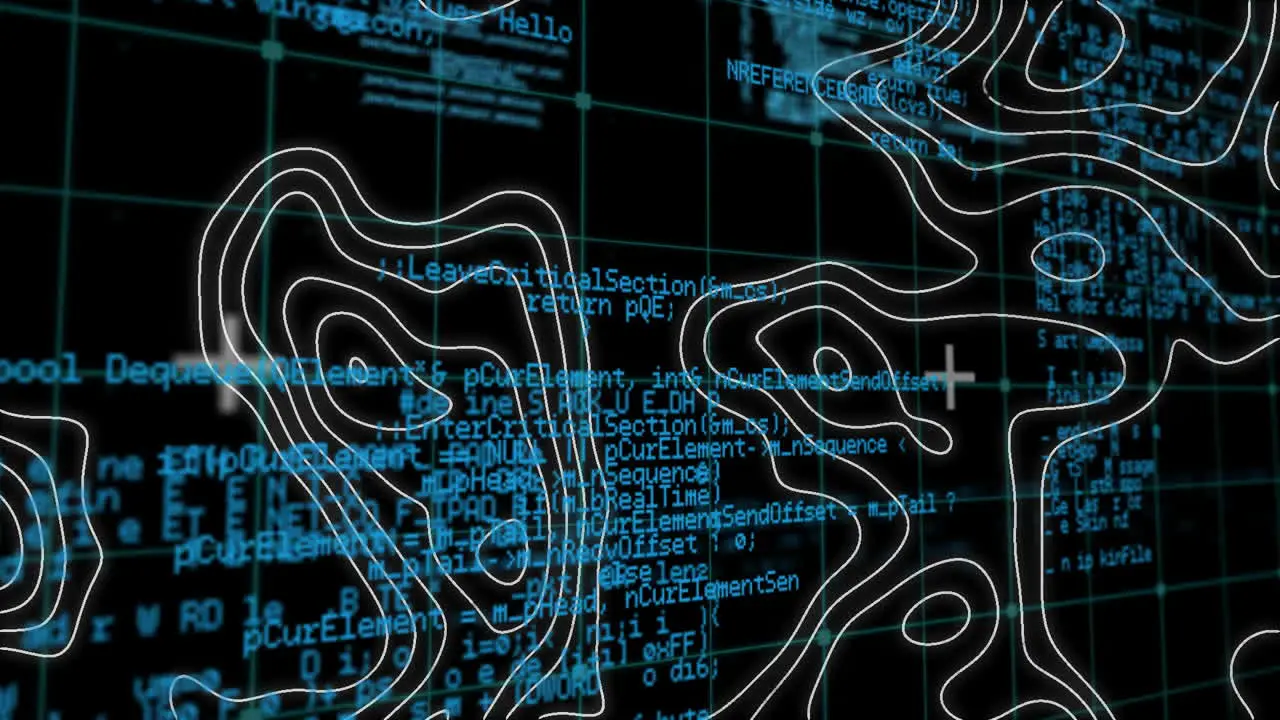 Animation of moving contour lines over data processing on dark background