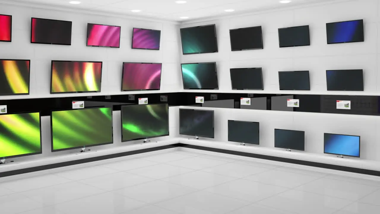 Displayed monitors showing flashes of different coloured light effects