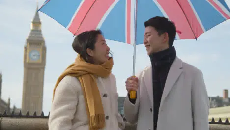 Young Asian Couple On Holiday Posing For Selfie In Front Of Houses Of Parliament In London UK With Umbrella