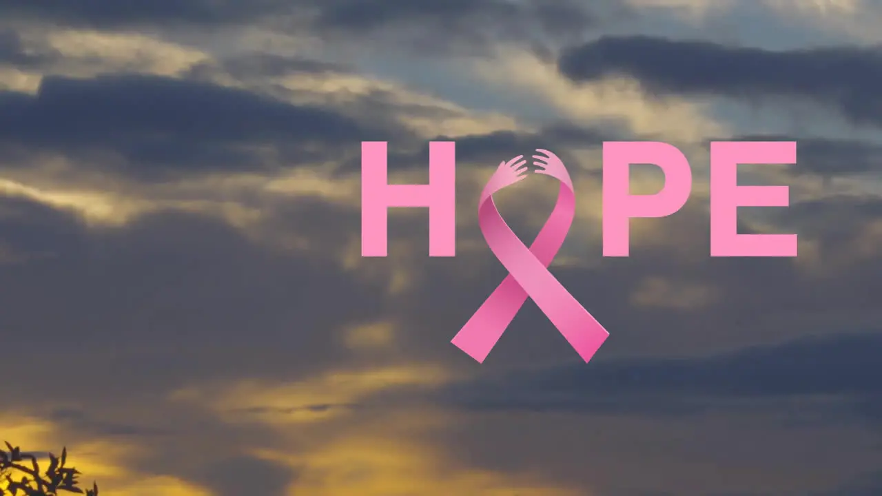 Animation of hope text with ribbon over silhouette of grass against cloudy sky