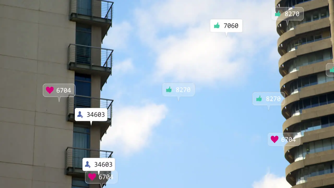 Animation of multiple notification bars over modern buildings against cloudy sky