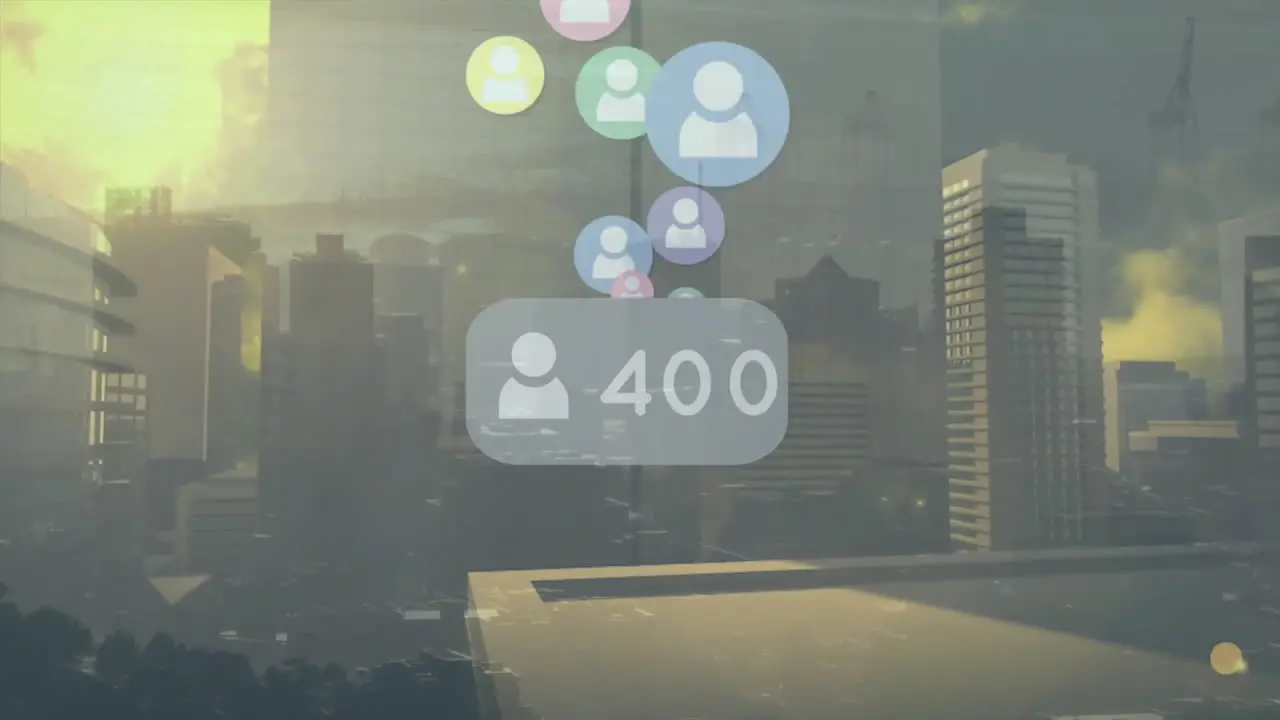 Animation of changing numbers profile icons over modern buildings against cloudy sky