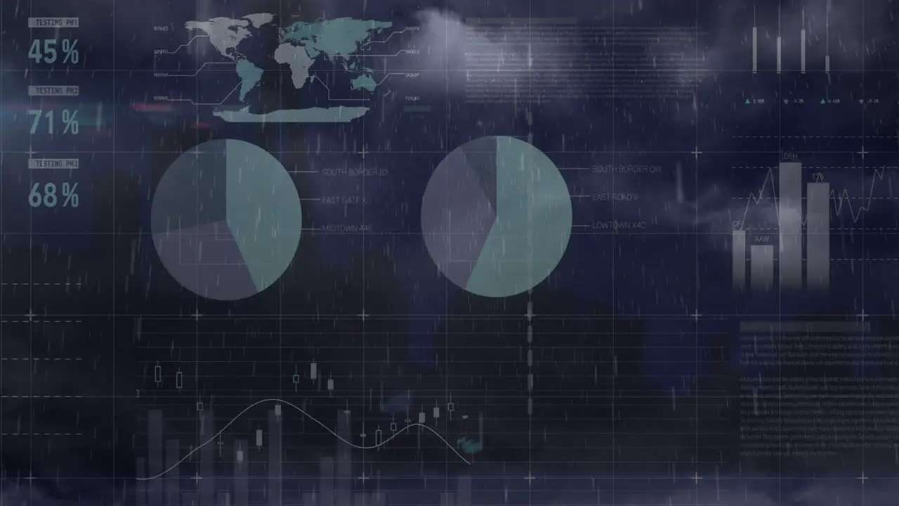 Animation of infographic interface over rain and thunderstorm in cloudy sky