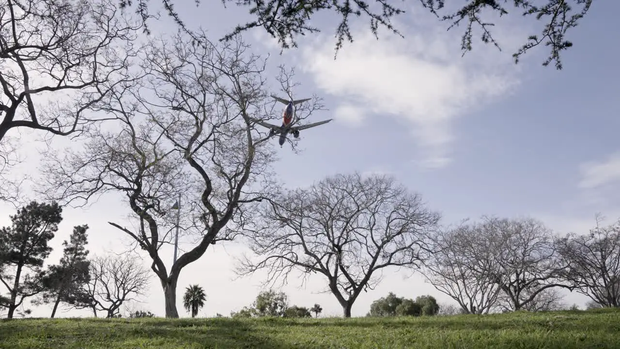 Plane Flying over Trees preparing to Land on Cloudy day in Slow Motion