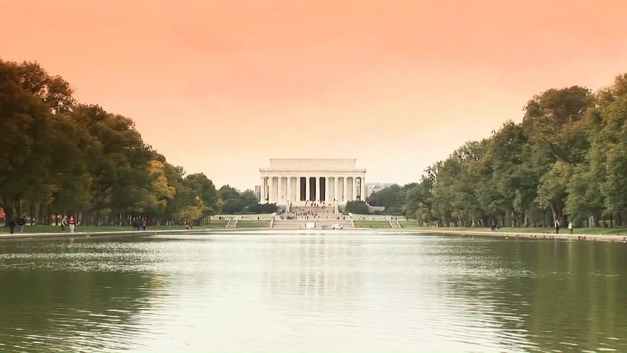 A long shot of the Lincoln Memorial across the reflecting pool with ducks swimming past 2