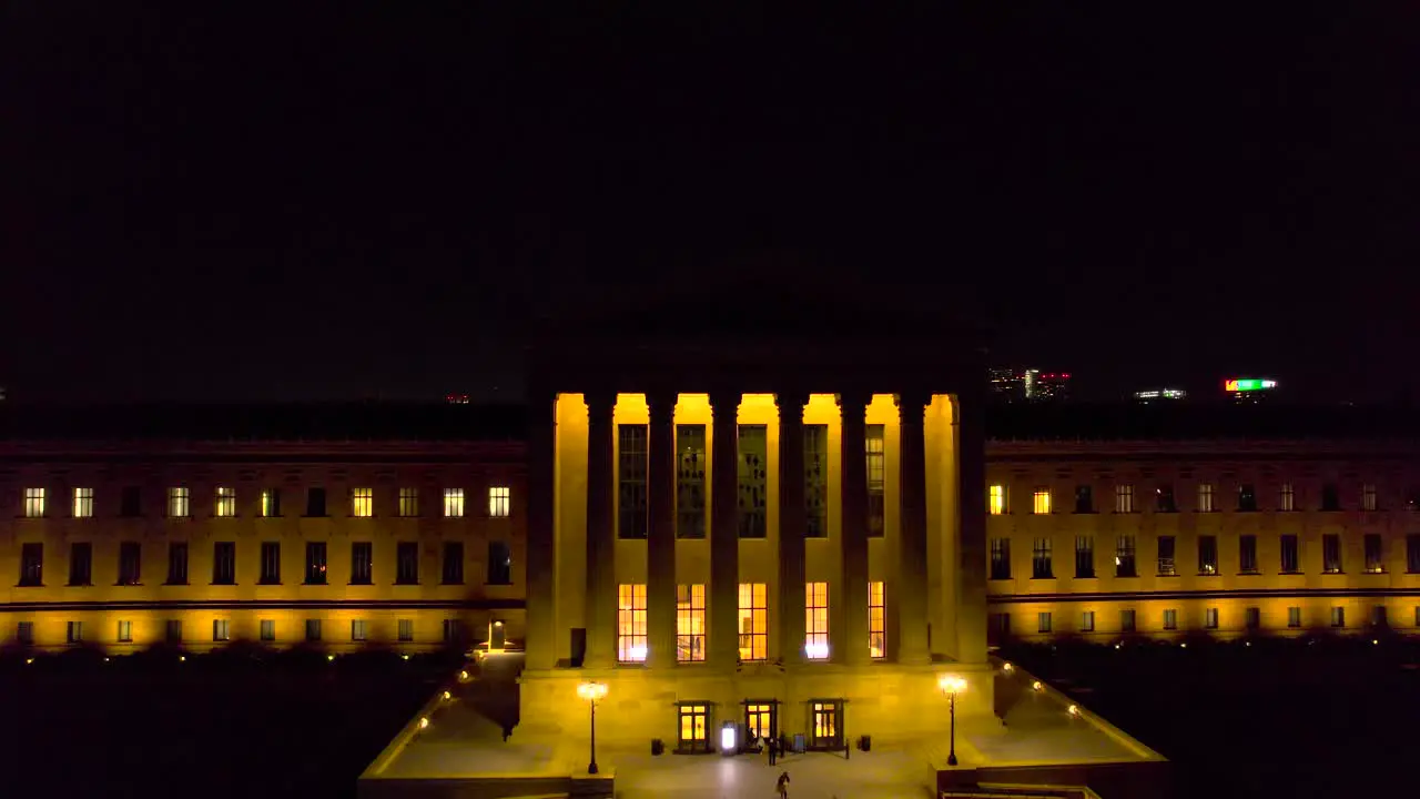 Philadelphia Art Museum at Night Drone Flying Over to Show City Skyline